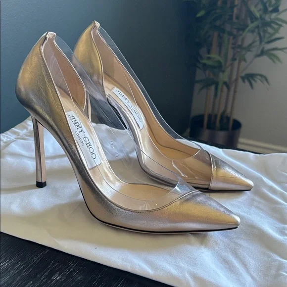 JIMMY CHOO Limited Edition Platinum/Plexi Romy Pointed Heels 100mm Like New! - Picture 2 of 10